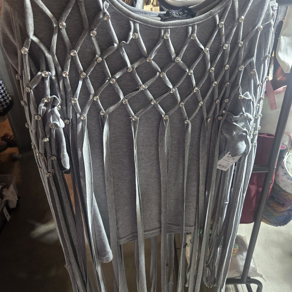 AKIRA Grey Fringe Top with Sparkling Details